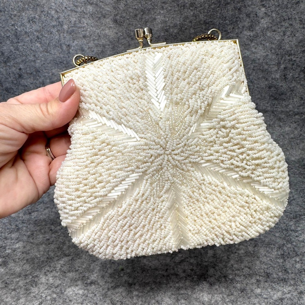 Vtg Beaded Mini Evening Bag Ivory Seeds Gold Tone Kiss Clasp Clutch Purse